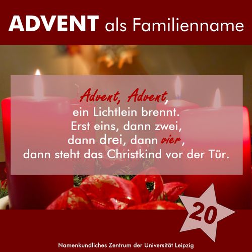 Foto von 4 Adventskerzen, darüber steht ein Gedicht: Advent, Advent, ein Lichtlein brennt. Erst eins, dann zwei, dann drei, dann vier, dann steht das Christkind vor der Tür.