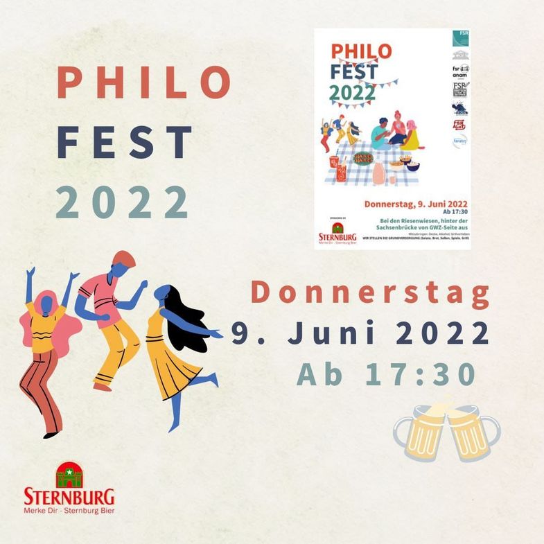 Das Bild zeigt das Poster für das Philofest. Es zeigt tanzende Menschen und die Daten für Uhrzeit und Tag