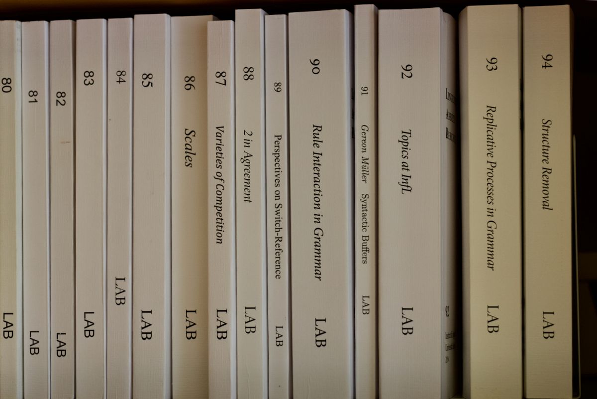 enlarge the image: Picture of volumes of the working paper series "Linguistische Arbeitsberichte" on a shelf