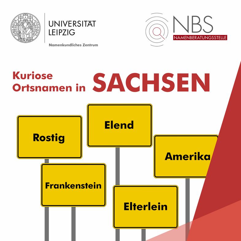 Grafik mit 5 Ortsnamenschildern auf denen jeweils ein Ortsname von Sachsen steht: Elend, Rostig, Amerika, Frankenstein und Elterlein.