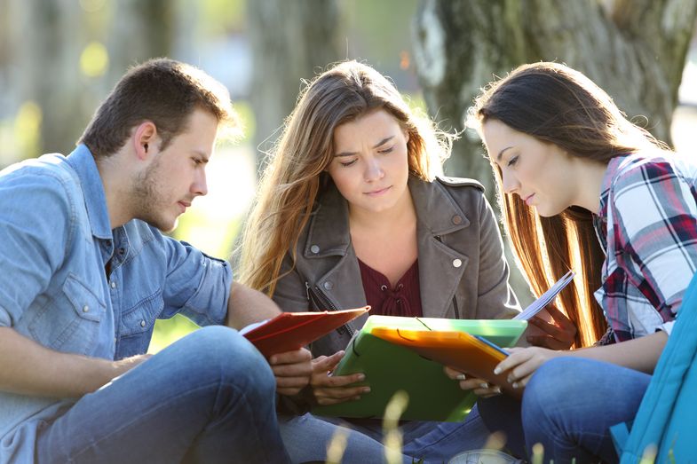 Drei junge Menschen sitzen im Park und beugen sich gemeinsam über Studienunterlagen.