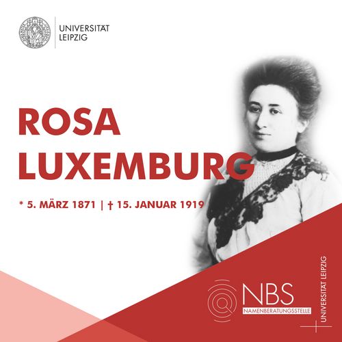 Grafik mit dem Namen und einem Bild von Rosa Luxemburg. 