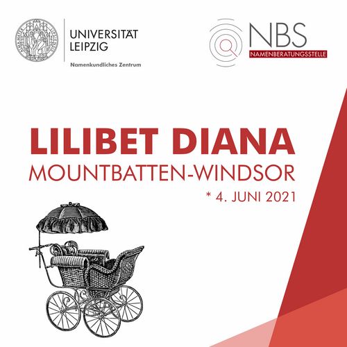 Grafik mit dem Titel Lilibeth Diana Mountbatten-Windsor. Geboren am 4. Juni 2021. Darunter ist ein Bild von einem altmodischen Kinderwagen.