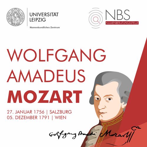 Grafik von Mozart. Daneben steht groß sein Name "Wolfgang Amadeus Mozart", darunter die Lebzeit-Daten 27. Januar 1756 bis 5. Dezember 1791