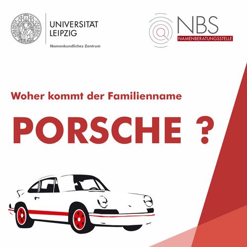 Grafik mit der Überschrift: Woher kommt der Familienname Porsche? Darunter ist eine Grafik eines Sportautos abgebildet.
