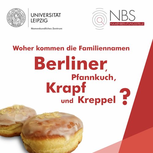 Grafik mit einem Foto von zwei Berliners/Krapfen. Darüber die Frage: Woher kommen die Familiennamen Berliner, Pfannkuch, Krapf und Kreppel?