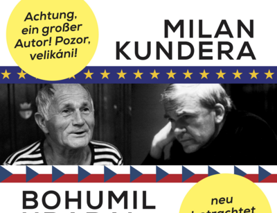 Plakat mit Fotos in schwarz-weiß von den Autoren Milan Kundera und Bohumil Hrabal, das auf eine Konferenz aufmerksam macht