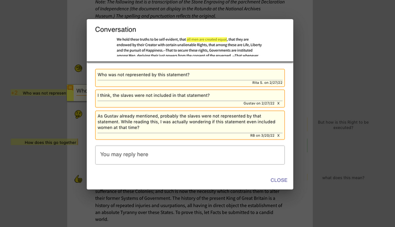 Screenshot des Prototypen von SHRIMP_PODS aus der Konzeptionsphase: Ansicht von Diskussionen über eine Textpassage.