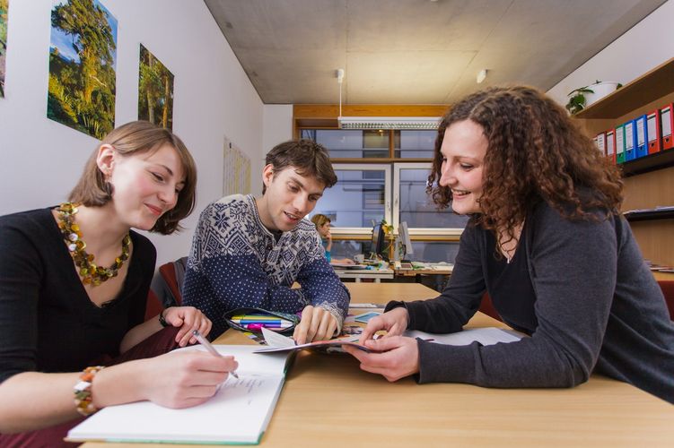 Zwei Studierende sitzen an einem Tisch zusammen mit einer Beraterin und schauen in Bücher, Foto: Christian Hüller