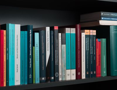 Bunte Buchrücken von Publikationen der Mitarbeitenden des Instituts für Slavistik in einem schwarzen Regal