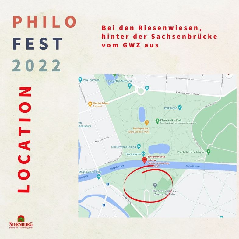 Das Bild zeigt das Poster für das Philofest. Es zeigt tanzende Menschen und sowie eine Karte mit den Koordinaten des Veranstaltungsortes.