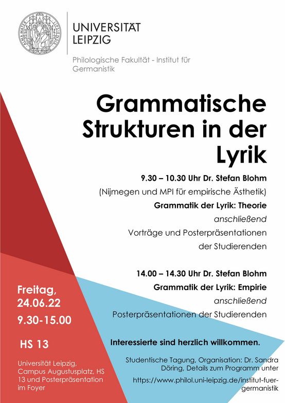 Tagungsplakat der studentischen Tagung: Grammatische Strukturen in der Lyrik am 24.06. 2022 in Leipzig mit vorläufigem Programm