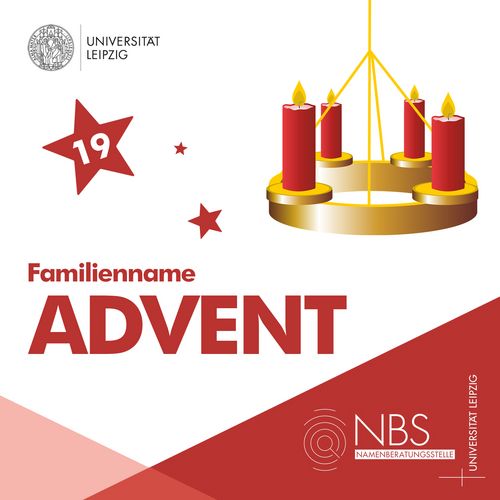 Grafik von einem hängenden Adventskranz mit vier brennenden Kerzen. Daneben steht Familienname Advent.