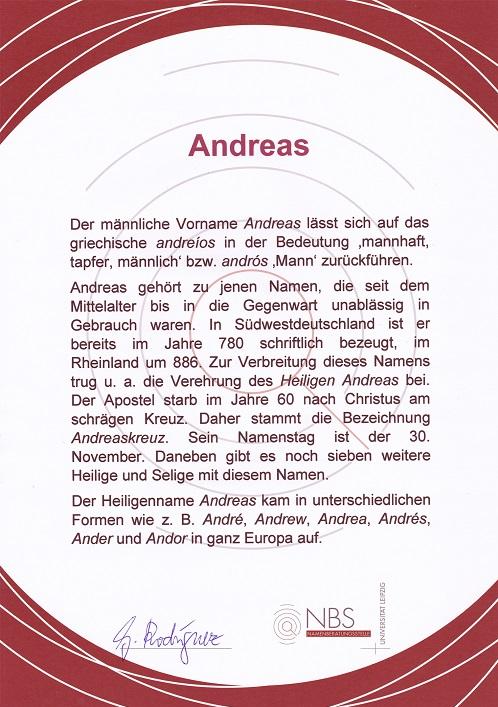 Musteransicht einer Namenurkunde für den Vornamen Andreas.