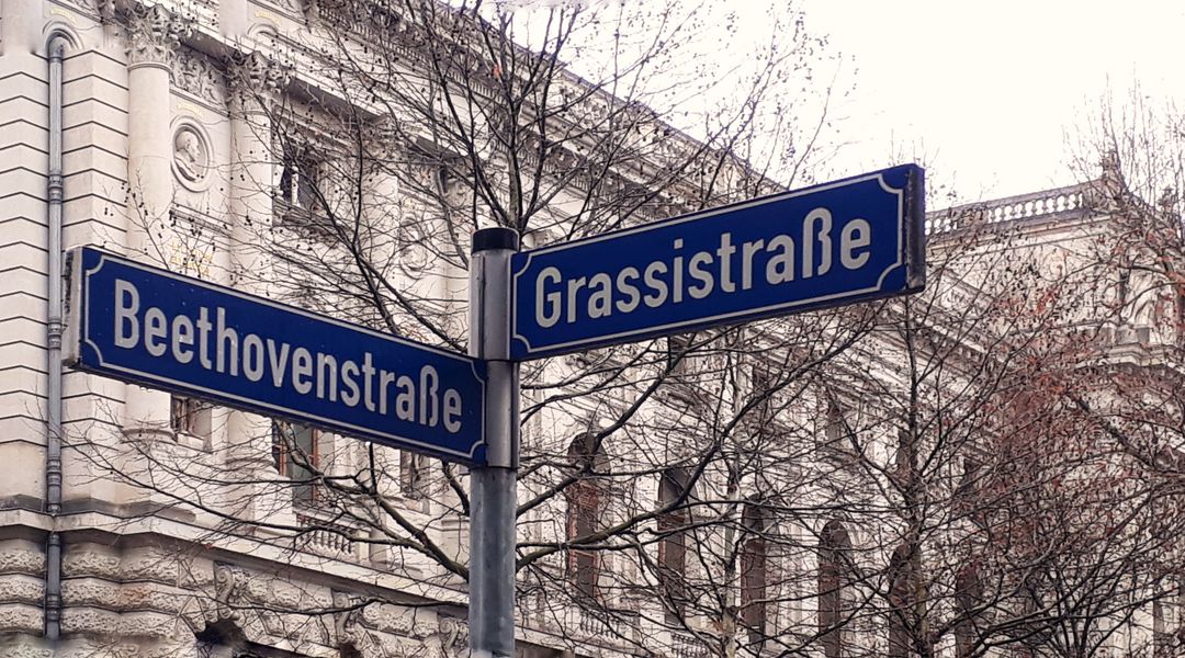 Straßenschild an der Ecke Beethovenstraße zur Grassistraße bei Tageslicht vor dem Bibliotheksgebäude, Foto: SabineGriese.jpg 