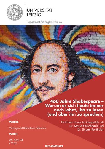 Poster zur Veranstaltung 460 Jahre Shakespeare, Grafik: Dr. Maria Fleischhack