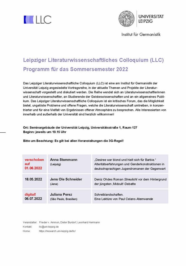 Leipziger Literaturwissenschaftliches Colloquium (LLC) - Programm für das Sommersemester 2022