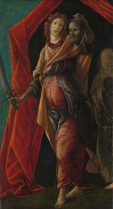 Dargestellt ist das Gemälde "Judith with the Head of Holofernes" von Sandro Botticelli. Auf dem Bild ist dargestellt, wie eine Frau einen Kopf in der Hand hält.