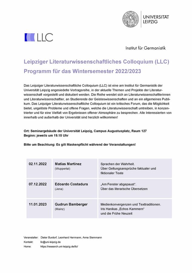 Leipziger Literaturwissenschaftliches Colloquium (LLC) - Programm für das Wintersemestser 2022/23