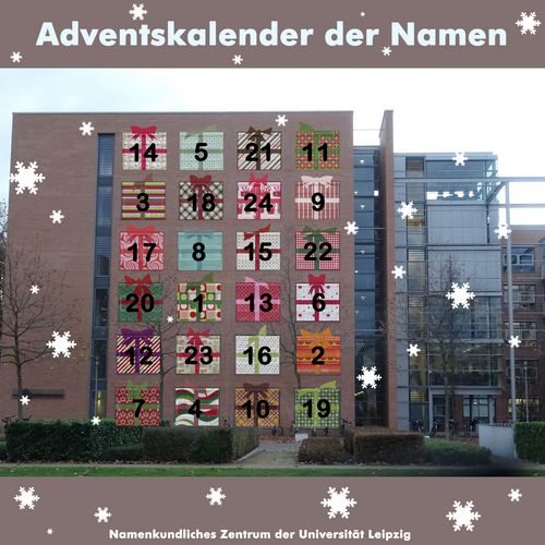 Foto des Geisteswissenschaftlichen Zentrums an der Universität Leipzig. Zu sehen sind 20 Fenster und auf jeden Fenster ist eine Geschenke-Grafik, jeweils mit den Zahlen 1-24