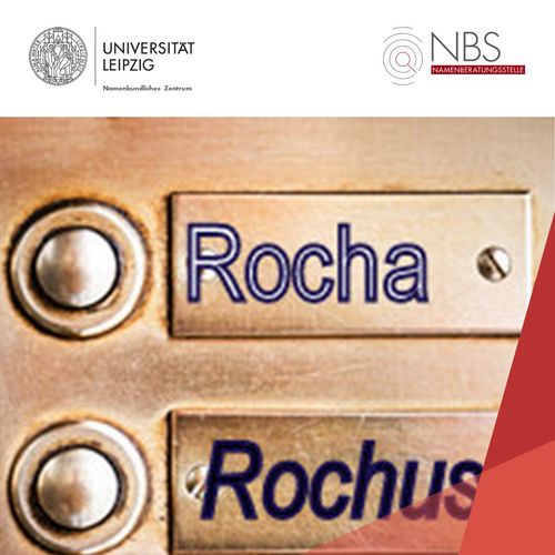 Grafik mit einem Klingelschild. Darauf die Familiennamen Rocha und Rochus.
