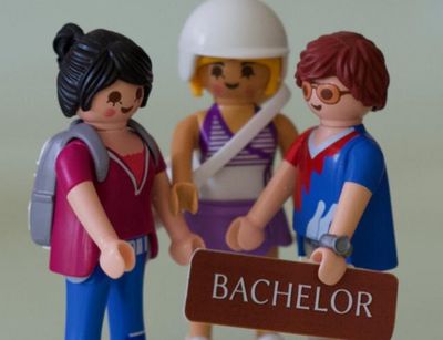 three Playmobil figures standing together, in the foreground is a sign labelled "Bachelor"