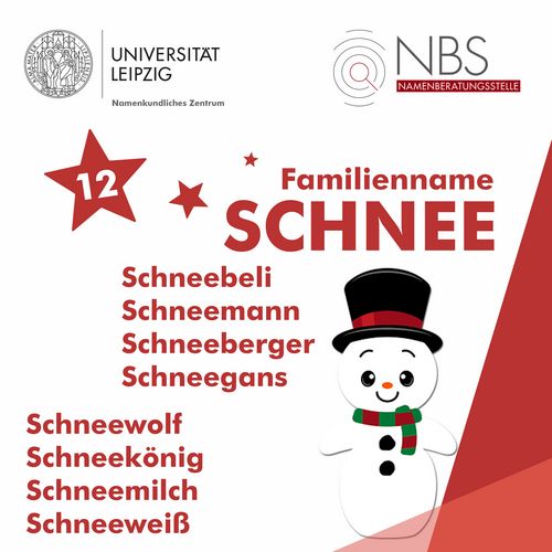 Grafik von einem Schneemann mit dem Titel "Familienname Schnee". Daneben stehen weitere Familiennamen wie: Schneebeli, Schneemann, Schneeberger, Schneegans, Schneewolf, Schneekönig, Schneemilch und Schneeweiß.