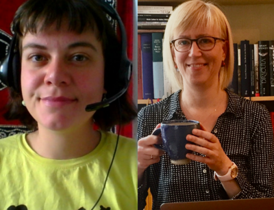 Enya Unkart und Silke Horstkotte bei der Aufnahme der neunten Podcastfolge mit Headset und Kaffeetasse, Foto: privat