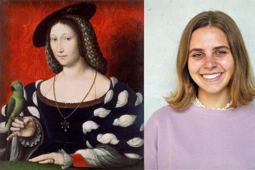 Collage aus einem Ölgemlde der jungen Marguerite de Navarre, einer Frau aus dem 16. Jahrhundert, und Marcia Mottarelli, Studentin und wissenschaftliche Hilfskraft am Institut für Romanistik.