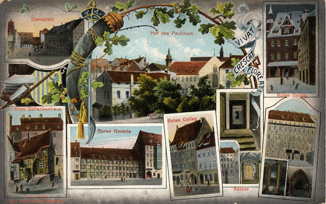 zur Vergrößerungsansicht des Bildes: Alte Postkarte mit Universitätsgebäuden, Foto: Universitätsarchiv Leipzig