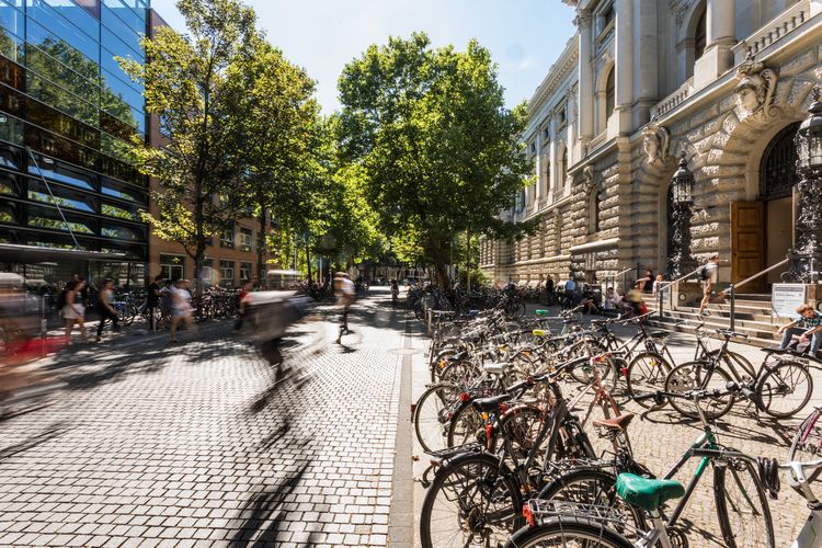 Foto der Beethovenstraße. Auf der rechten SEite sind zahlreiche Fahrräder zu sehen, die vor der Universitätsbibliothek geparkt sind, auf der linken Seite sieht man den Eingang des Geisteswissenschaftlichen Zentrums.