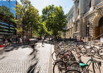 Foto der Beethovenstraße. Auf der rechten SEite sind zahlreiche Fahrräder zu sehen, die vor der Universitätsbibliothek geparkt sind, auf der linken Seite sieht man den Eingang des Geisteswissenschaftlichen Zentrums.