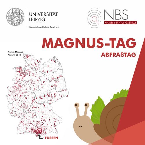 Grafik mit dem Titel: Magnus-Tag bzw. Abfraßtag. Darunter ist eine Deutschlandkarte mit der relativen Verteilung des Namens Magnus zu sehen. Es ist sichtbar, dass er besonders häufig im Raum Füssen vergeben wird. 