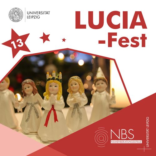 Grafik mit dem Titel: Luciafest. Darunter ist ein Foto von kleinen Figuren, welche Kinder in weißen Kleidern darstellen sollen, abgebildet.
