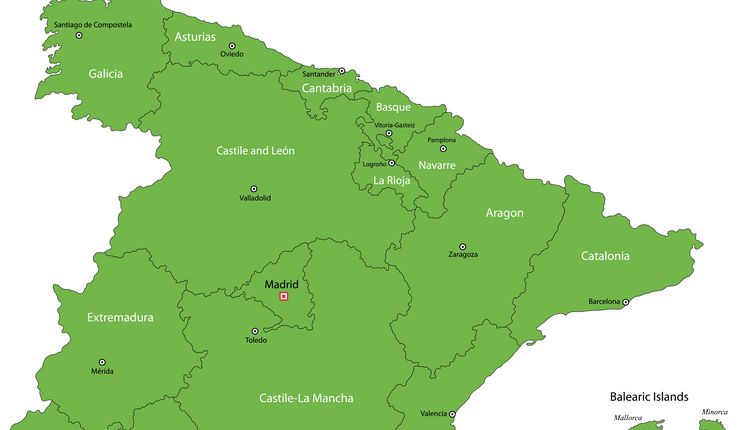 Grün eingefärbte Karte Spaniens mit Regionen.