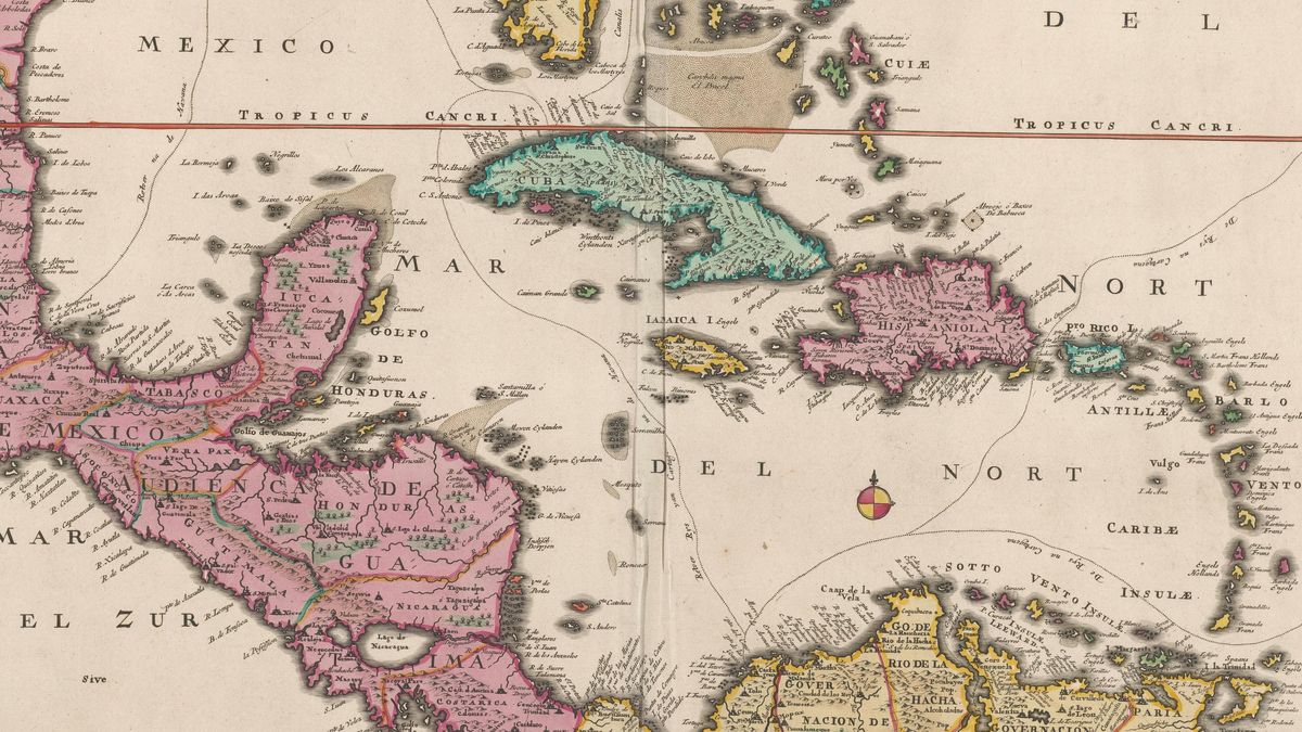 Karte von Mittelamerika und den Inseln in der Karibik. Oben rechts eine Kartusche mit dem lateinischen Titel, oben in der Mitte auch ein niederländischer Titel, flankiert von Legende und Maßstab in deutschen, französischen und spanischen Meilen. Drei Kompassrosen (Maßstab 1: 6,5 Mill.). Die Segelrouten der spanischen Schatzflotte zwischen Cartagena und Havanna sind auf der Karte angegeben.