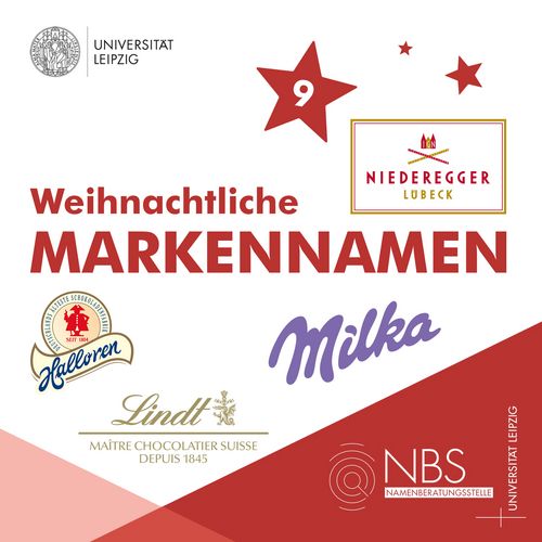 Grafik mit dem Titel "Weihnachtliche Markennamen". Darum sind die Logos von Niederegger, Milka, Lindt und Halloren abgebildet.