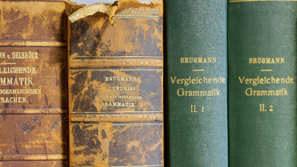Photo with book covers of books by Karl Brugmann