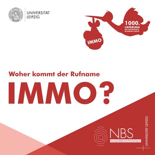 Grafik mit dem Titel "Woher kommt der Rufname Immo?". Darüber ist eine Grafik mit einem Storch, welcher ein Bündel mit einem Baby bringt. Auf dem Storch steht "1000. Lieferung am Universitätsklinikum Leipzig", auf dem Baby steht "Immo".